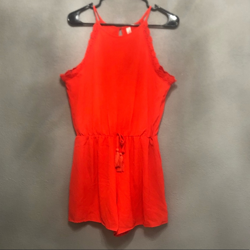 Red/Orange Shorts Romper w/ Lace Trim